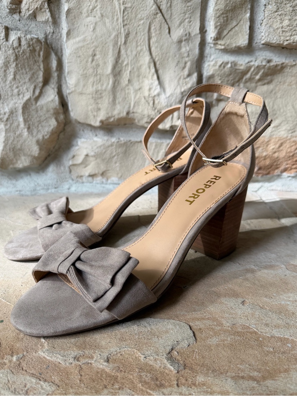 Report Taupe Suede Bow Block Heel Sandals